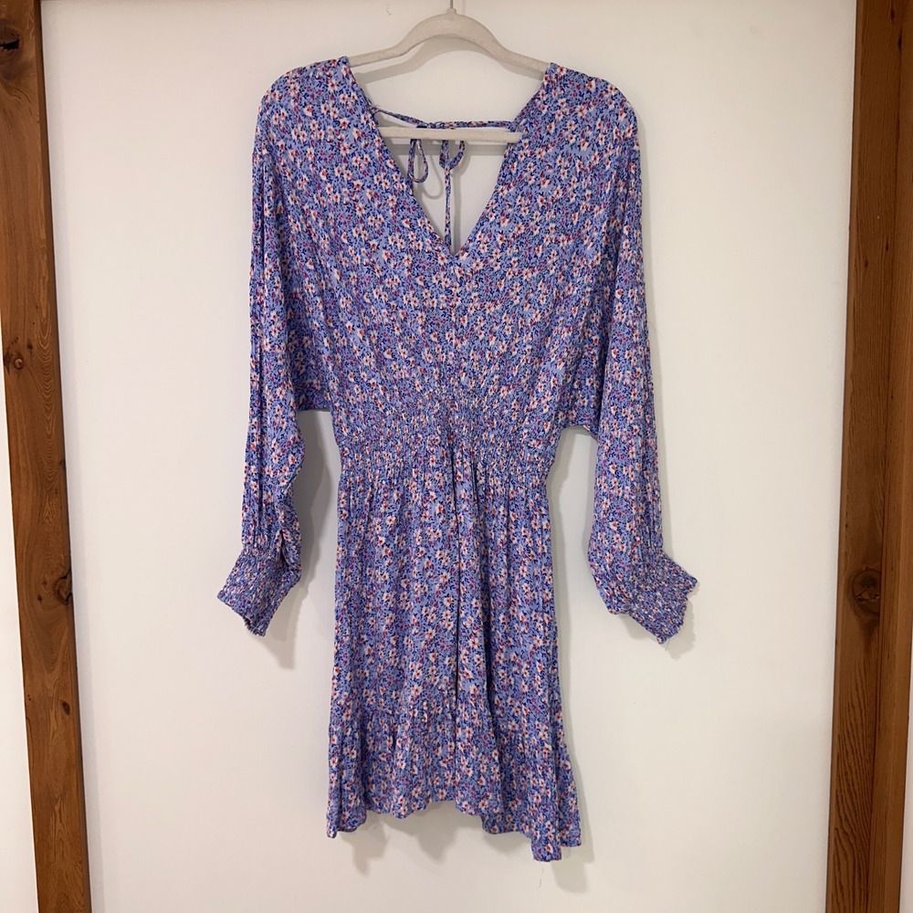 Japna‎ Floral Smocked Waist Mini Dress Womens Medium Blue Wedding Guest | Boho
